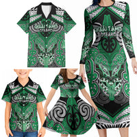 Aotearoa Iwi Ngai Tahu Personalised Family Matching Long Sleeve Bodycon Dress and Hawaiian Shirt Maori Kowhaiwhai Pattern