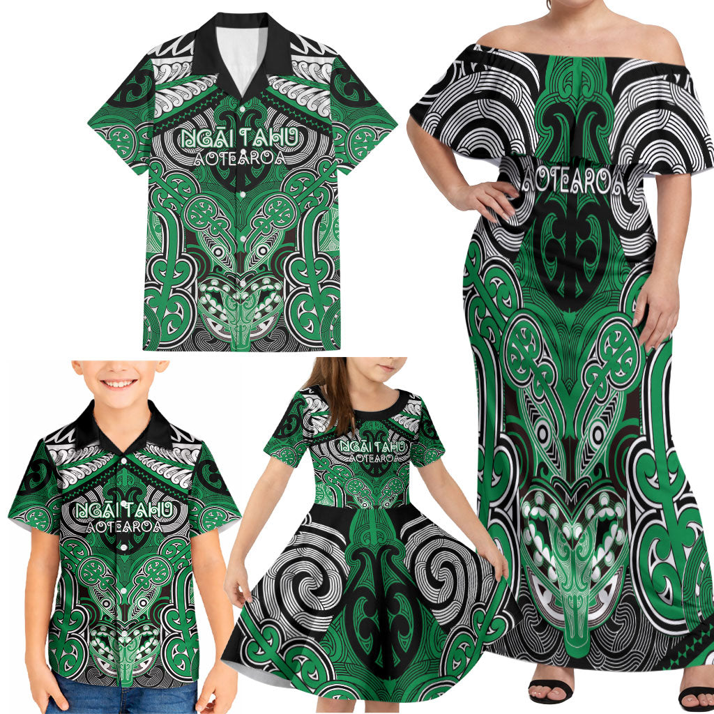 Aotearoa Iwi Ngai Tahu Personalised Family Matching Off Shoulder Maxi Dress and Hawaiian Shirt Maori Kowhaiwhai Pattern