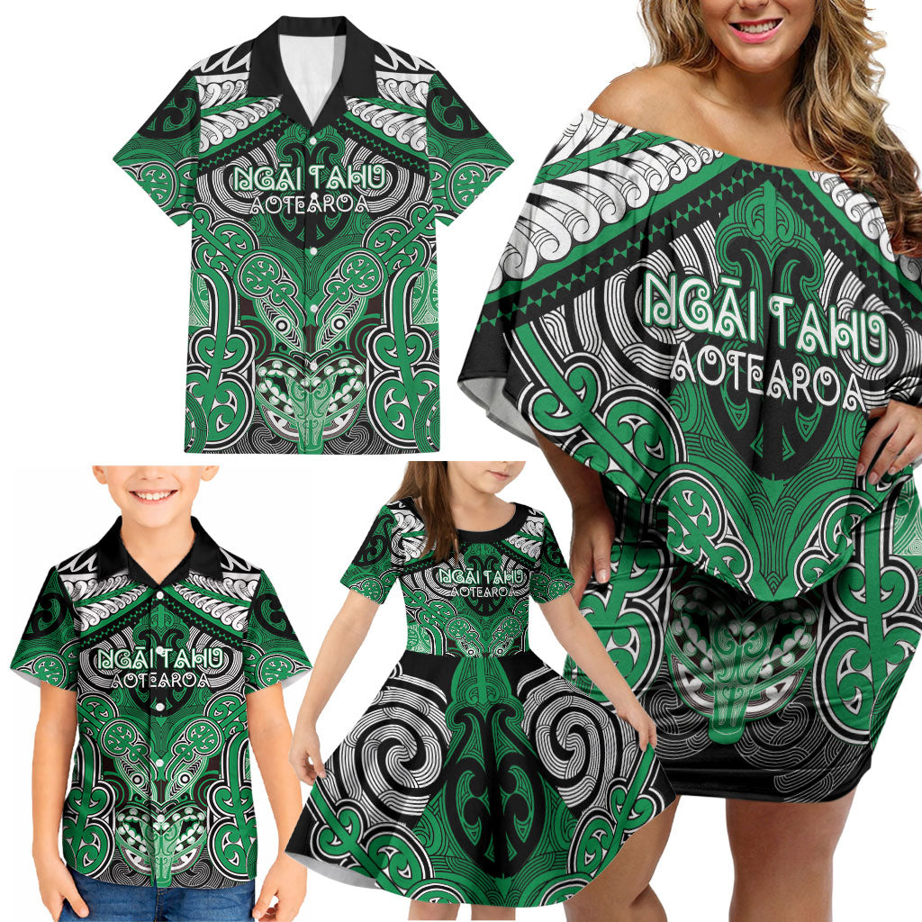 Aotearoa Iwi Ngai Tahu Personalised Family Matching Off Shoulder Short Dress and Hawaiian Shirt Maori Kowhaiwhai Pattern