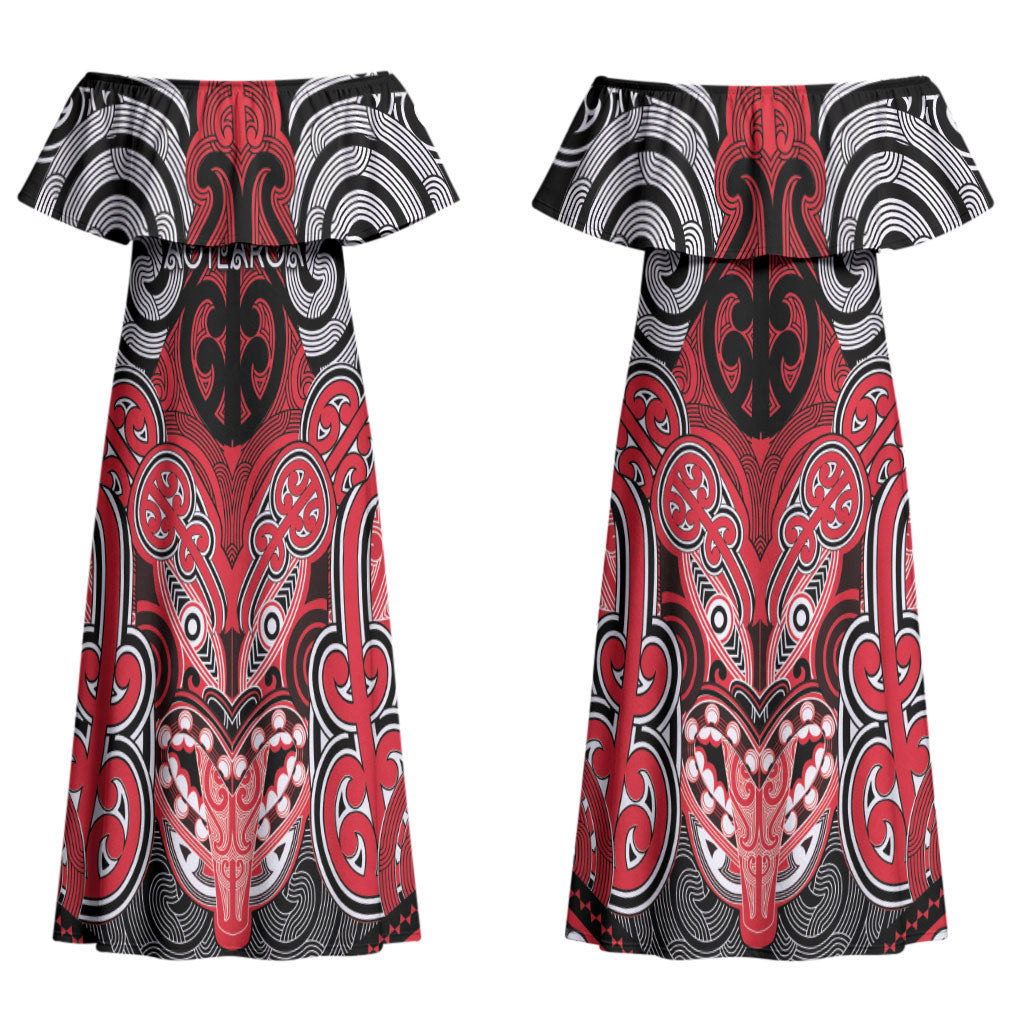 Aotearoa Iwi Te Arawa Personalised Couples Matching Off Shoulder Maxi Dress and Hawaiian Shirt Maori Kowhaiwhai Pattern