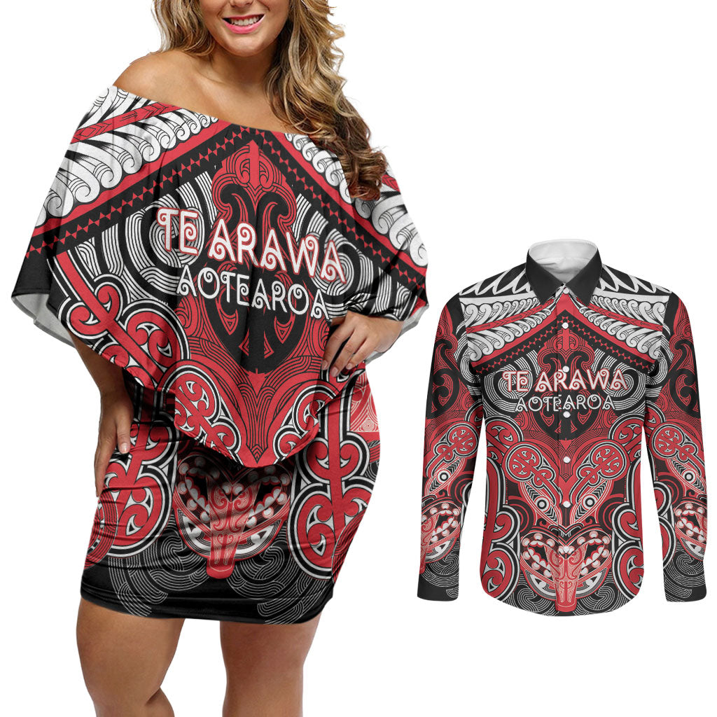 Aotearoa Iwi Te Arawa Personalised Couples Matching Off Shoulder Short Dress and Long Sleeve Button Shirt Maori Kowhaiwhai Pattern