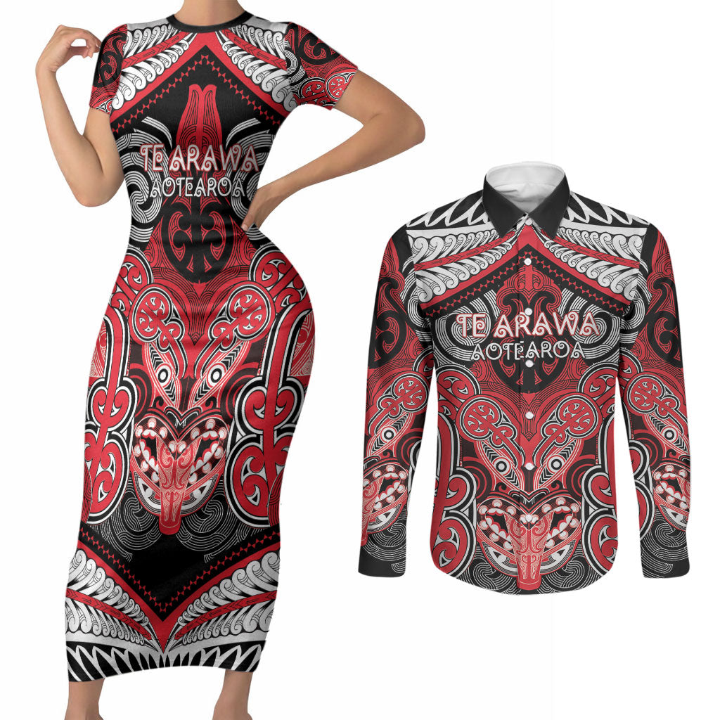 Aotearoa Iwi Te Arawa Personalised Couples Matching Short Sleeve Bodycon Dress and Long Sleeve Button Shirt Maori Kowhaiwhai Pattern