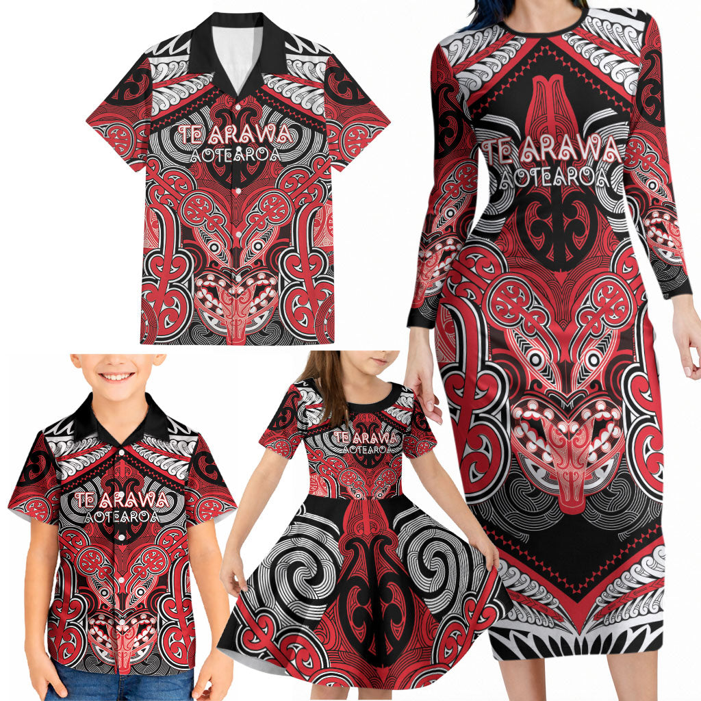 Aotearoa Iwi Te Arawa Personalised Family Matching Long Sleeve Bodycon Dress and Hawaiian Shirt Maori Kowhaiwhai Pattern