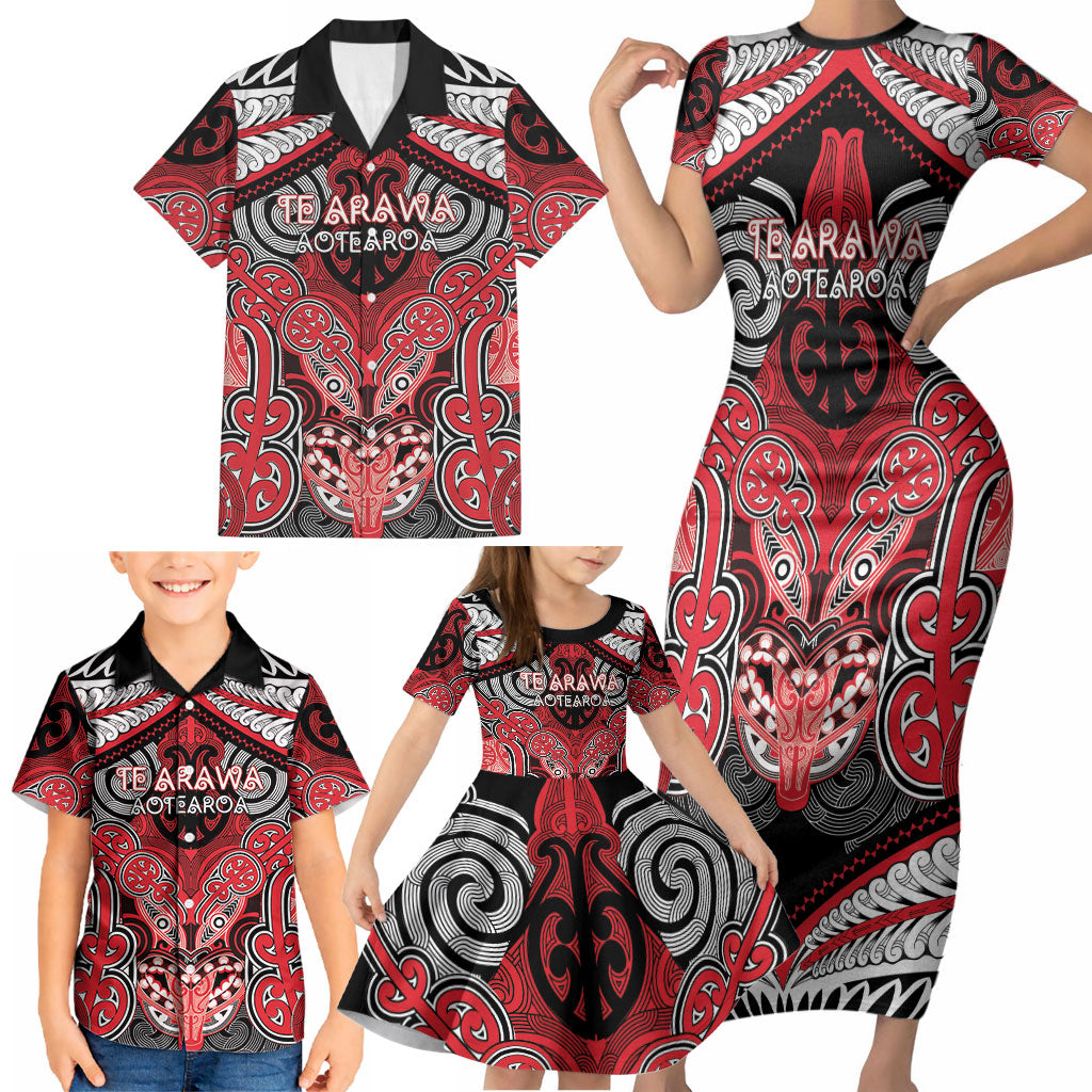 Aotearoa Iwi Te Arawa Personalised Family Matching Short Sleeve Bodycon Dress and Hawaiian Shirt Maori Kowhaiwhai Pattern