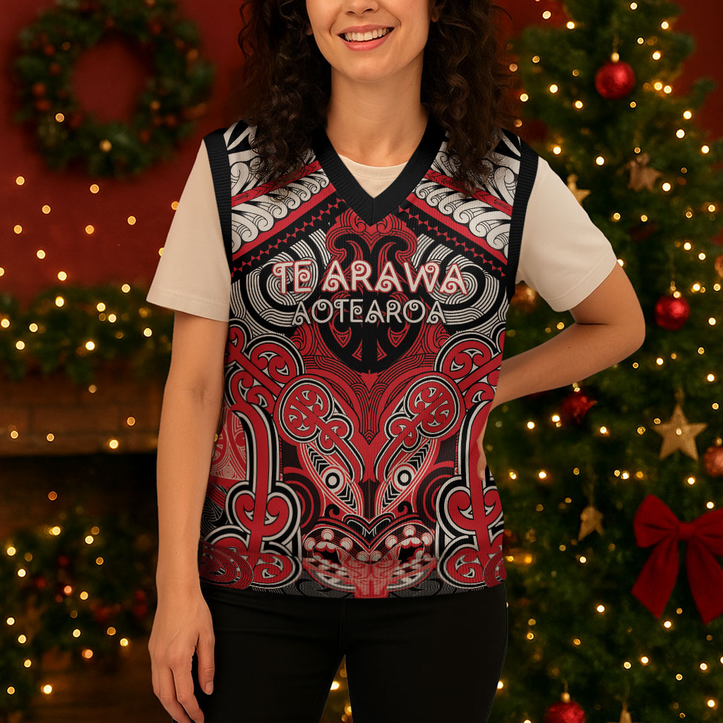 Aotearoa Iwi Te Arawa Personalised Christmas Knitted V-Neck Vest Maori Kowhaiwhai Pattern