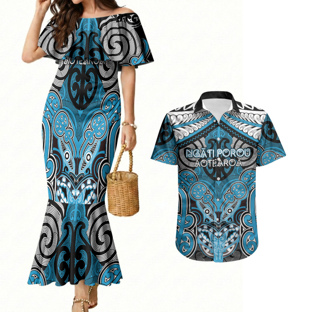 Aotearoa Iwi Ngati Porou Personalised Couples Matching Mermaid Dress and Hawaiian Shirt Maori Kowhaiwhai Pattern