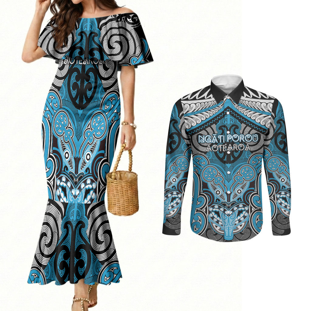 Aotearoa Iwi Ngati Porou Personalised Couples Matching Mermaid Dress and Long Sleeve Button Shirt Maori Kowhaiwhai Pattern