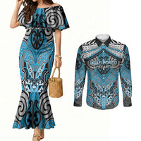 Aotearoa Iwi Ngati Porou Personalised Couples Matching Mermaid Dress and Long Sleeve Button Shirt Maori Kowhaiwhai Pattern