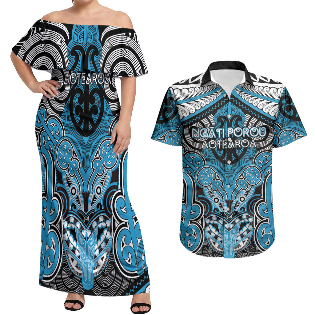 Aotearoa Iwi Ngati Porou Personalised Couples Matching Off Shoulder Maxi Dress and Hawaiian Shirt Maori Kowhaiwhai Pattern
