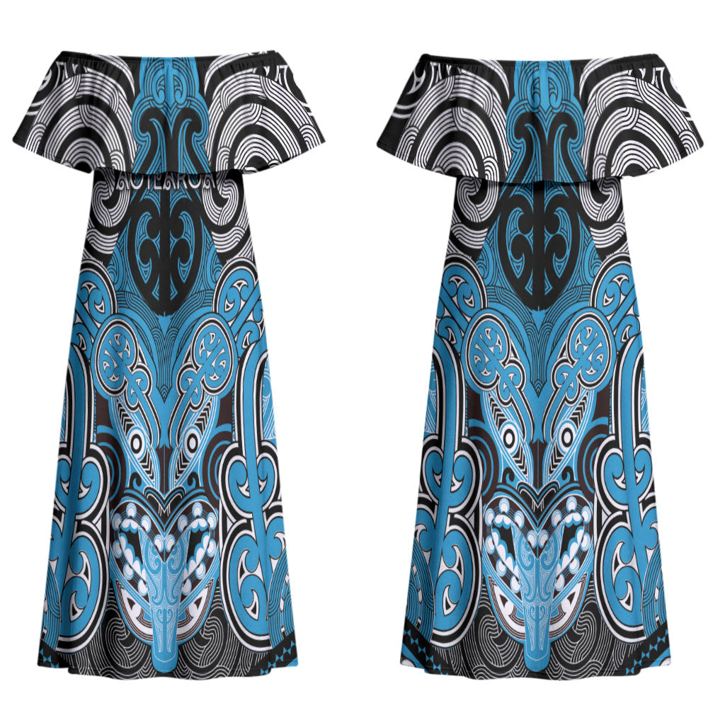 Aotearoa Iwi Ngati Porou Personalised Couples Matching Off Shoulder Maxi Dress and Long Sleeve Button Shirt Maori Kowhaiwhai Pattern