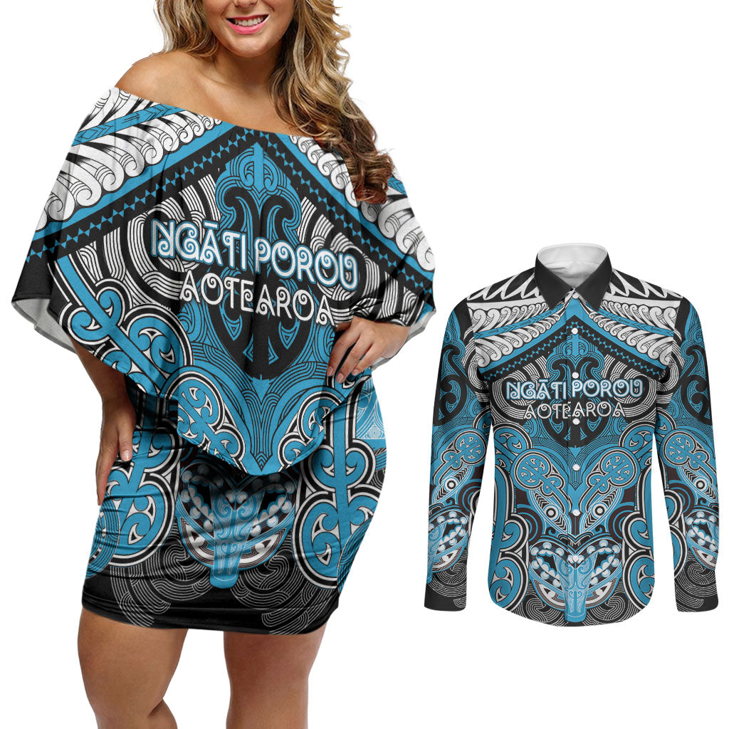 Aotearoa Iwi Ngati Porou Personalised Couples Matching Off Shoulder Short Dress and Long Sleeve Button Shirt Maori Kowhaiwhai Pattern