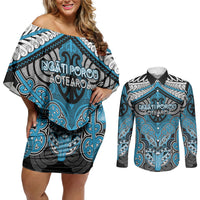 Aotearoa Iwi Ngati Porou Personalised Couples Matching Off Shoulder Short Dress and Long Sleeve Button Shirt Maori Kowhaiwhai Pattern