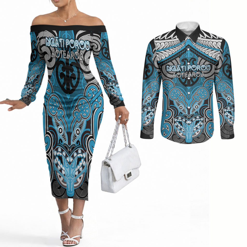 Aotearoa Iwi Ngati Porou Personalised Couples Matching Off The Shoulder Long Sleeve Dress and Long Sleeve Button Shirt Maori Kowhaiwhai Pattern