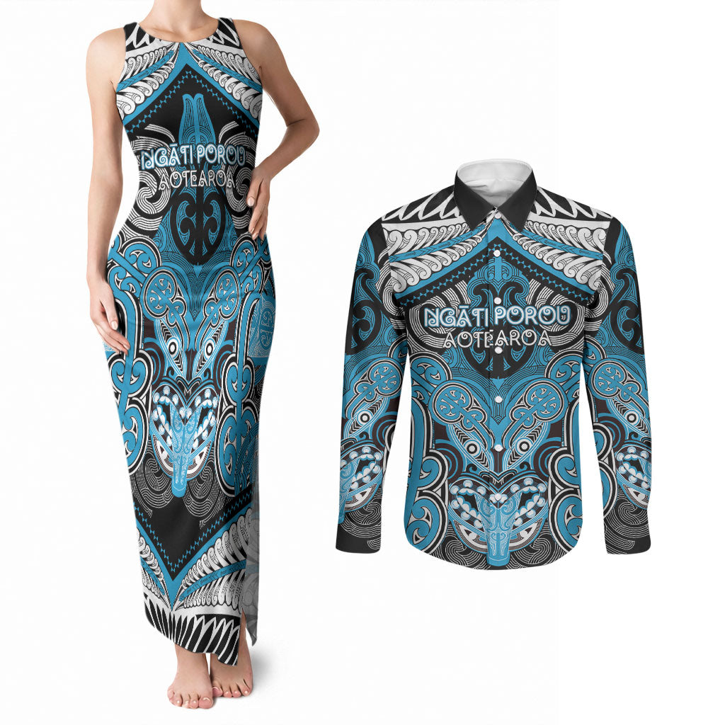 Aotearoa Iwi Ngati Porou Personalised Couples Matching Tank Maxi Dress and Long Sleeve Button Shirt Maori Kowhaiwhai Pattern