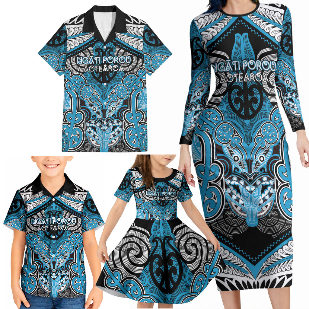 Aotearoa Iwi Ngati Porou Personalised Family Matching Long Sleeve Bodycon Dress and Hawaiian Shirt Maori Kowhaiwhai Pattern
