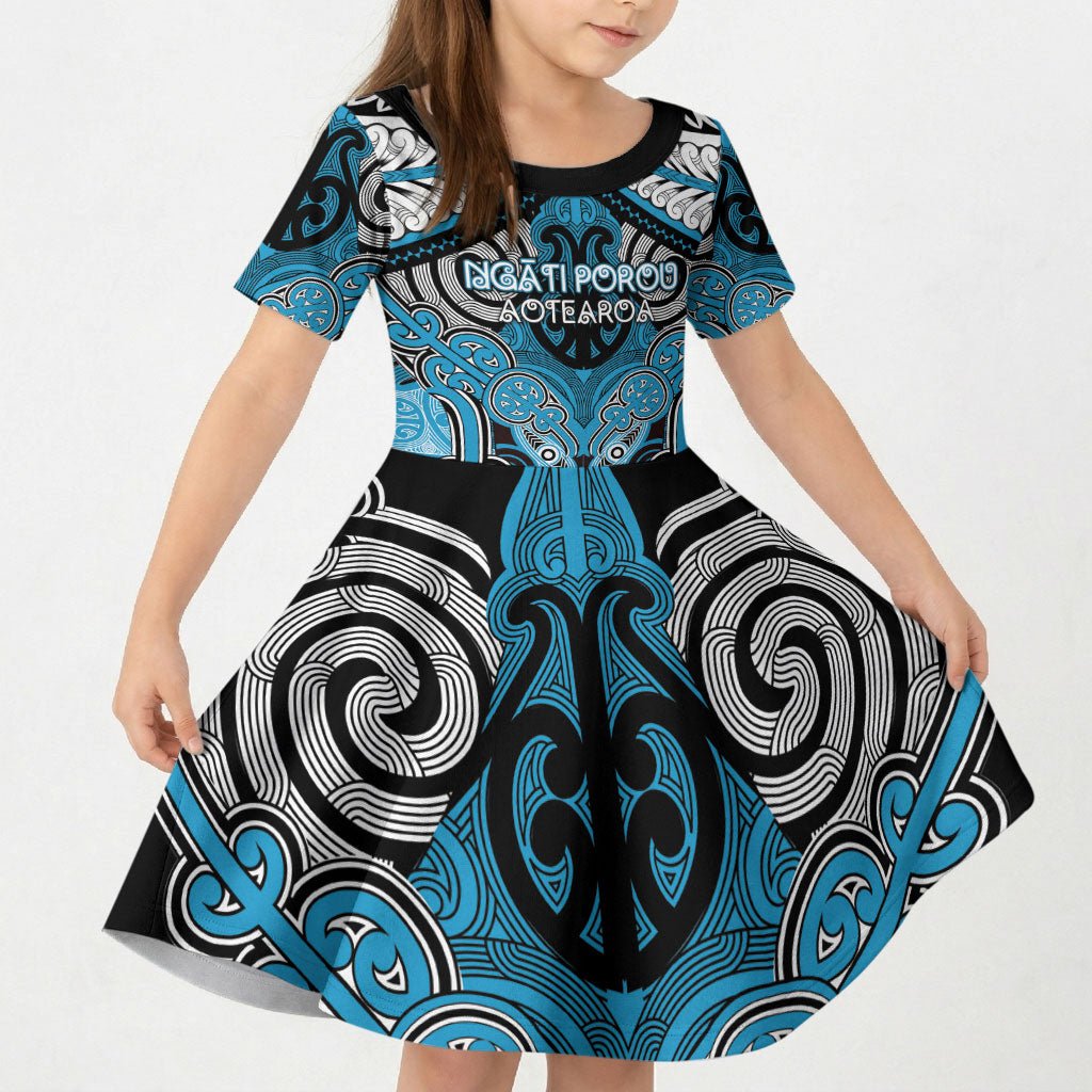 Aotearoa Iwi Ngati Porou Personalised Kid Short Sleeve Dress Maori Kowhaiwhai Pattern