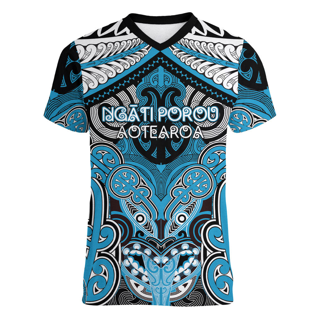 Aotearoa Iwi Ngati Porou Personalised Women V-Neck T-Shirt Maori Kowhaiwhai Pattern LT19 Female Blue - Polynesian Pride