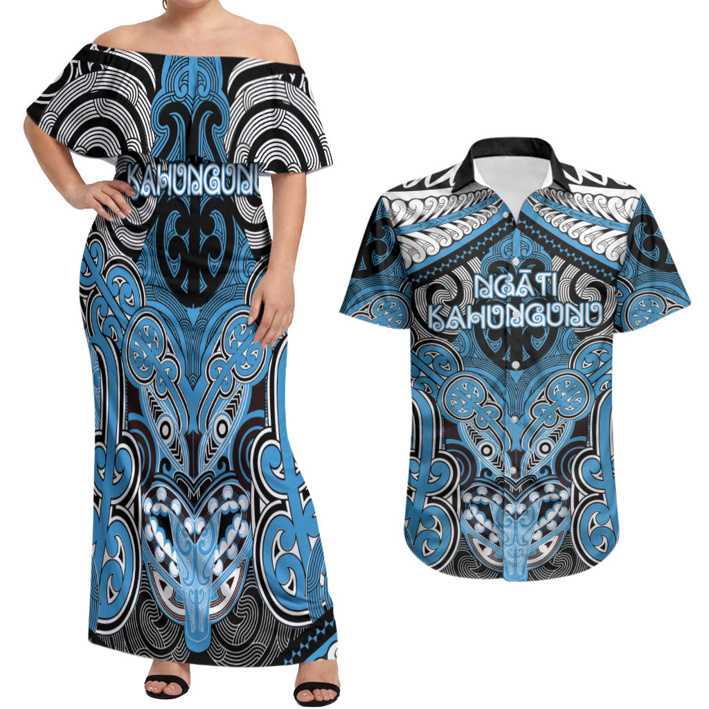Aotearoa Iwi Ngati Kahungunu Personalised Couples Matching Off Shoulder Maxi Dress and Hawaiian Shirt Maori Kowhaiwhai Pattern