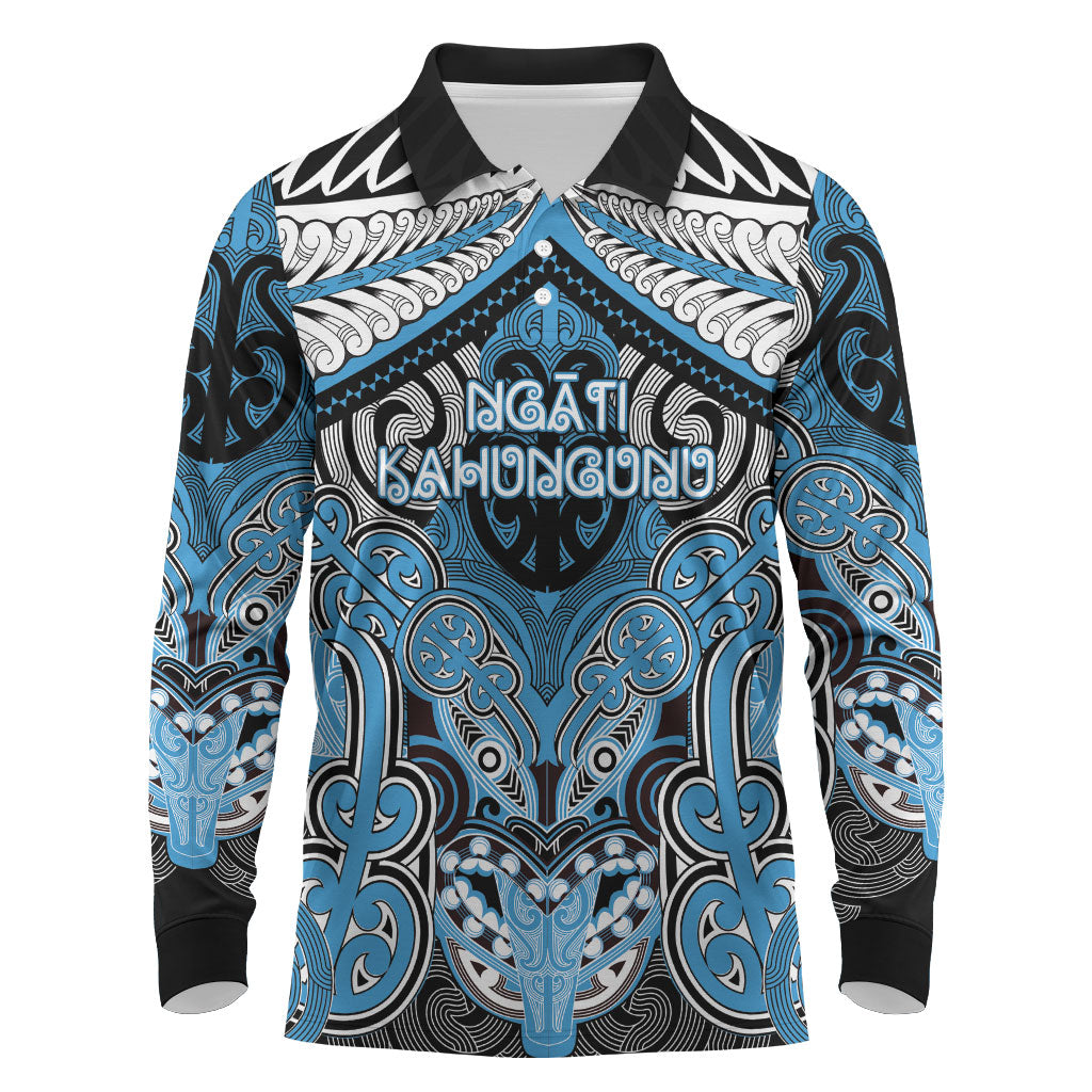 Aotearoa Iwi Ngati Kahungunu Personalised Long Sleeve Polo Shirt Maori Kowhaiwhai Pattern LT19 Blue - Polynesian Pride