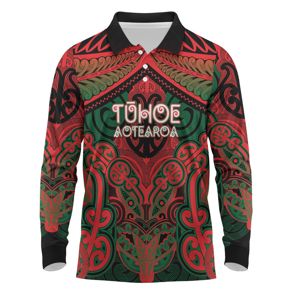 Aotearoa Iwi Tuhoe Personalised Long Sleeve Polo Shirt Maori Kowhaiwhai Pattern LT19 Red - Polynesian Pride