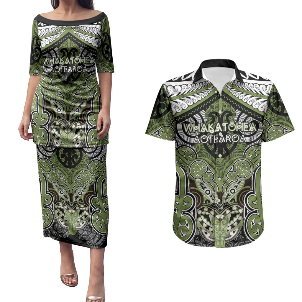 Aotearoa Iwi Whakatohea Personalised Couples Matching Puletasi and Hawaiian Shirt Maori Kowhaiwhai Pattern