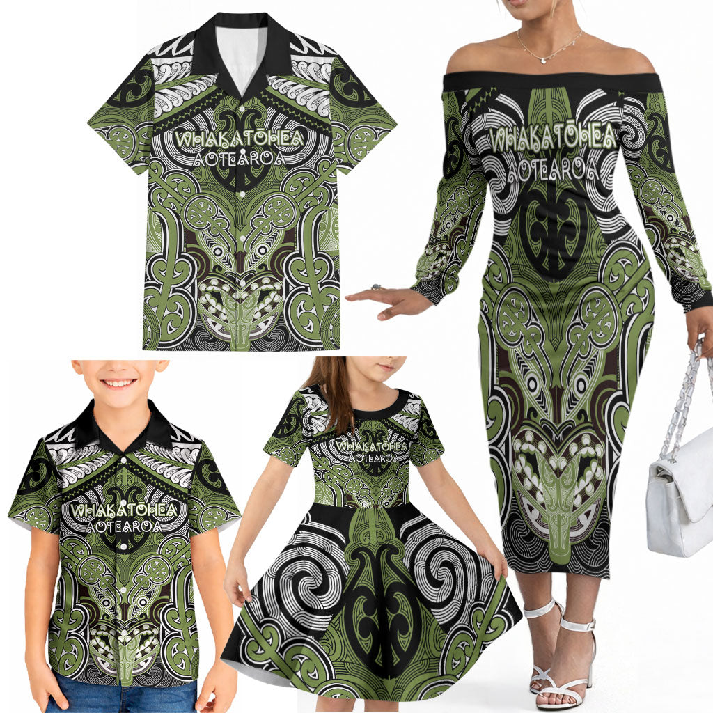 Aotearoa Iwi Whakatohea Personalised Family Matching Off The Shoulder Long Sleeve Dress and Hawaiian Shirt Maori Kowhaiwhai Pattern
