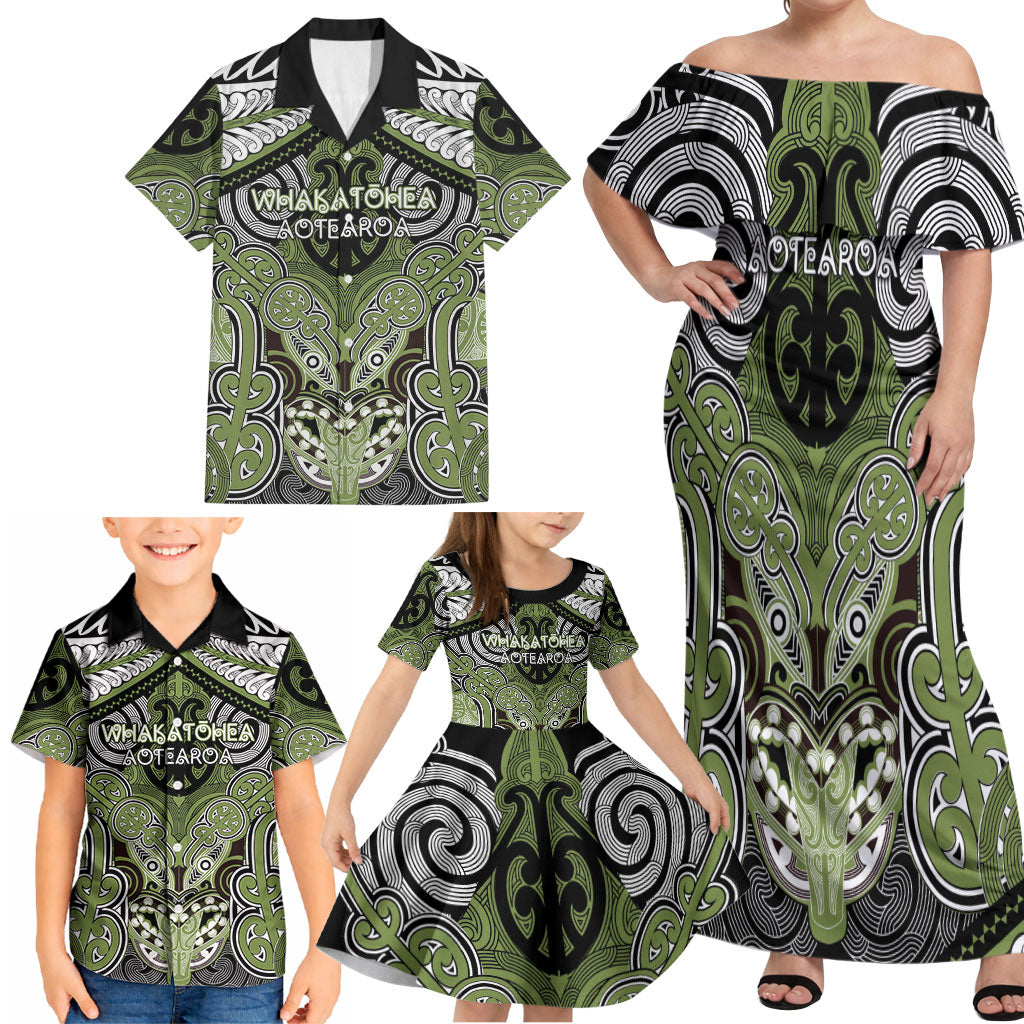 Aotearoa Iwi Whakatohea Personalised Family Matching Off Shoulder Maxi Dress and Hawaiian Shirt Maori Kowhaiwhai Pattern