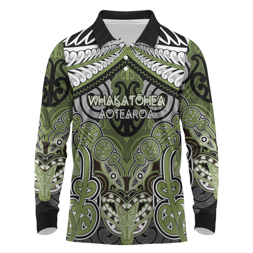 Aotearoa Iwi Whakatohea Personalised Long Sleeve Polo Shirt Maori Kowhaiwhai Pattern LT19 Olive Green - Polynesian Pride