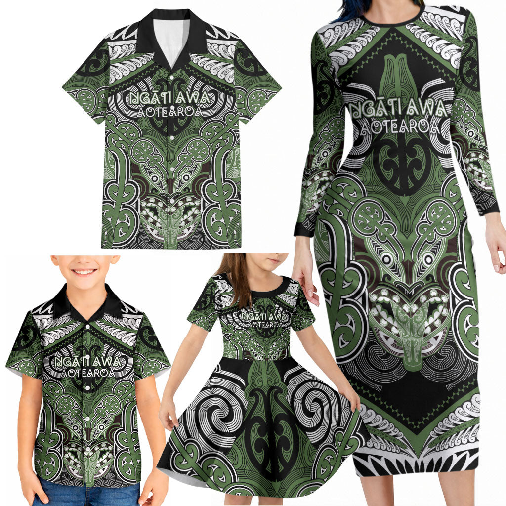 Aotearoa Iwi Ngati Awa Personalised Family Matching Long Sleeve Bodycon Dress and Hawaiian Shirt Maori Kowhaiwhai Pattern