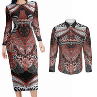 Aotearoa Iwi Rongowhakaata Personalised Couples Matching Long Sleeve Bodycon Dress and Long Sleeve Button Shirt Maori Kowhaiwhai Pattern