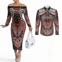 Aotearoa Iwi Rongowhakaata Personalised Couples Matching Off The Shoulder Long Sleeve Dress and Long Sleeve Button Shirt Maori Kowhaiwhai Pattern