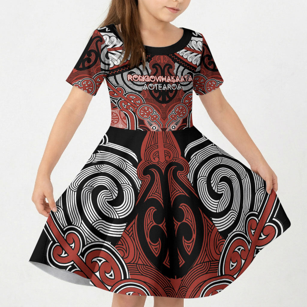 Aotearoa Iwi Rongowhakaata Personalised Kid Short Sleeve Dress Maori Kowhaiwhai Pattern
