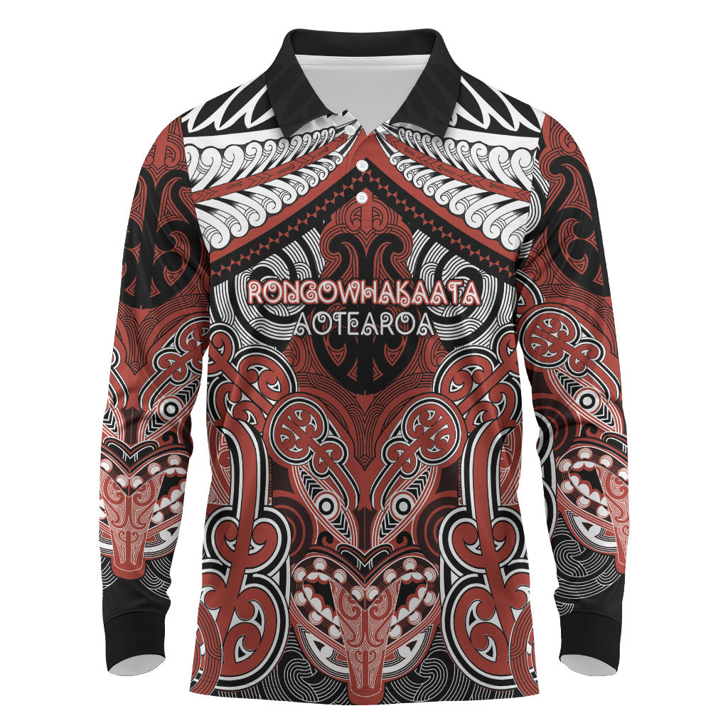 Aotearoa Iwi Rongowhakaata Personalised Long Sleeve Polo Shirt Maori Kowhaiwhai Pattern LT19 Red - Polynesian Pride