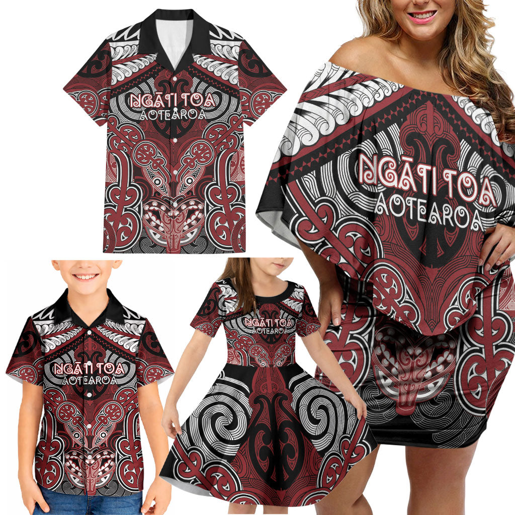 Aotearoa Iwi Ngati Toa Personalised Family Matching Off Shoulder Short Dress and Hawaiian Shirt Maori Kowhaiwhai Pattern