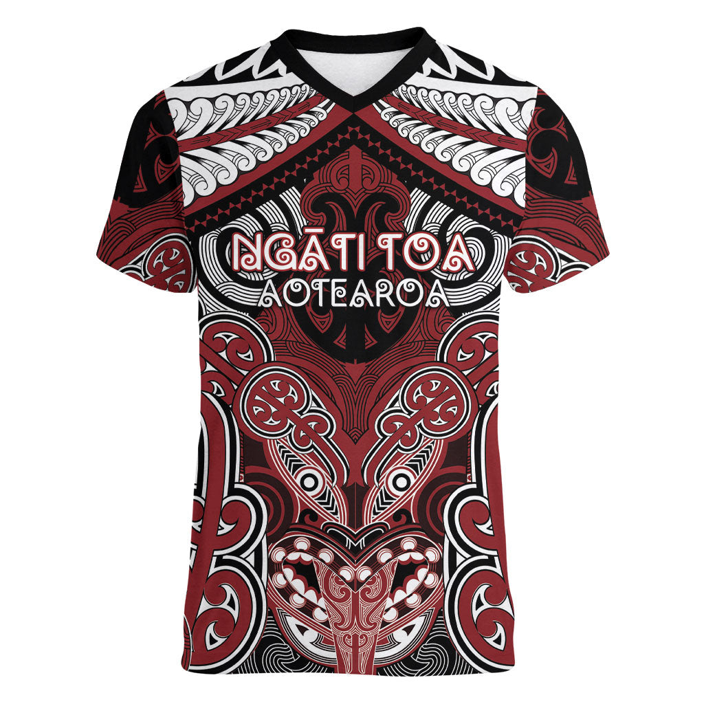 Aotearoa Iwi Ngati Toa Personalised Women V-Neck T-Shirt Maori Kowhaiwhai Pattern LT19 Female Red - Polynesian Pride