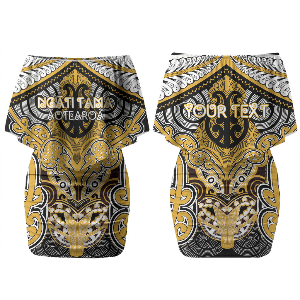 Aotearoa Iwi Ngati Tama Personalised Couples Matching Off Shoulder Short Dress and Long Sleeve Button Shirt Maori Kowhaiwhai Pattern