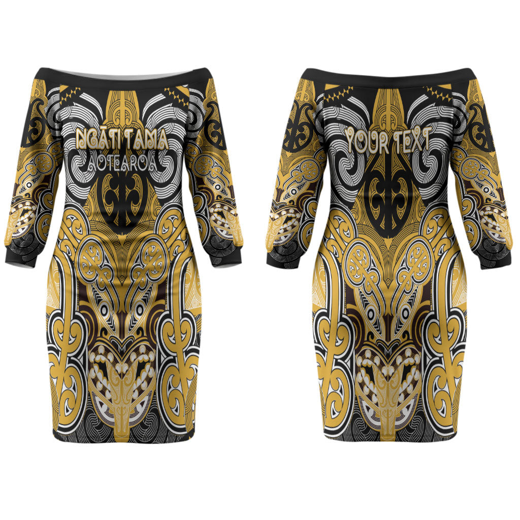 Aotearoa Iwi Ngati Tama Personalised Couples Matching Off The Shoulder Long Sleeve Dress and Hawaiian Shirt Maori Kowhaiwhai Pattern