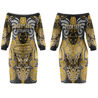 Aotearoa Iwi Ngati Tama Personalised Couples Matching Off The Shoulder Long Sleeve Dress and Hawaiian Shirt Maori Kowhaiwhai Pattern