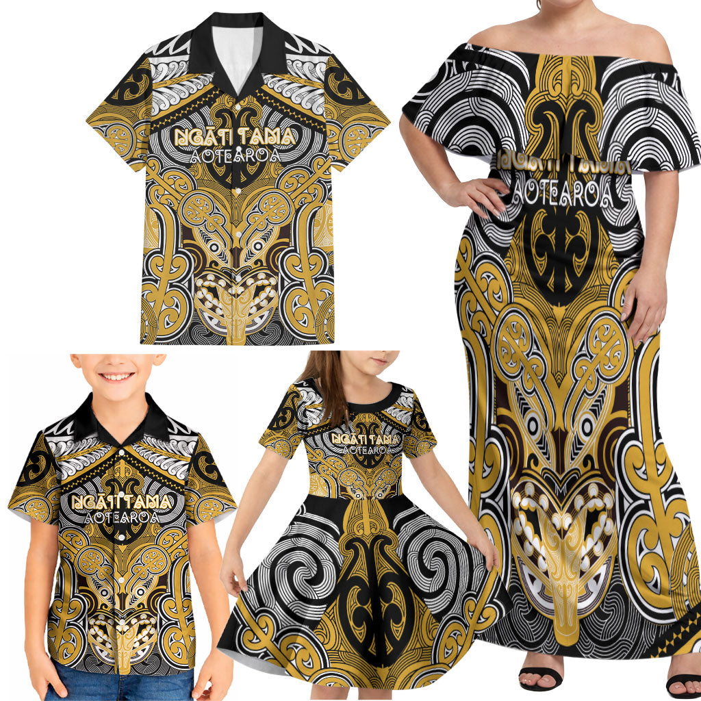 Aotearoa Iwi Ngati Tama Personalised Family Matching Off Shoulder Maxi Dress and Hawaiian Shirt Maori Kowhaiwhai Pattern LT19 - Polynesian Pride