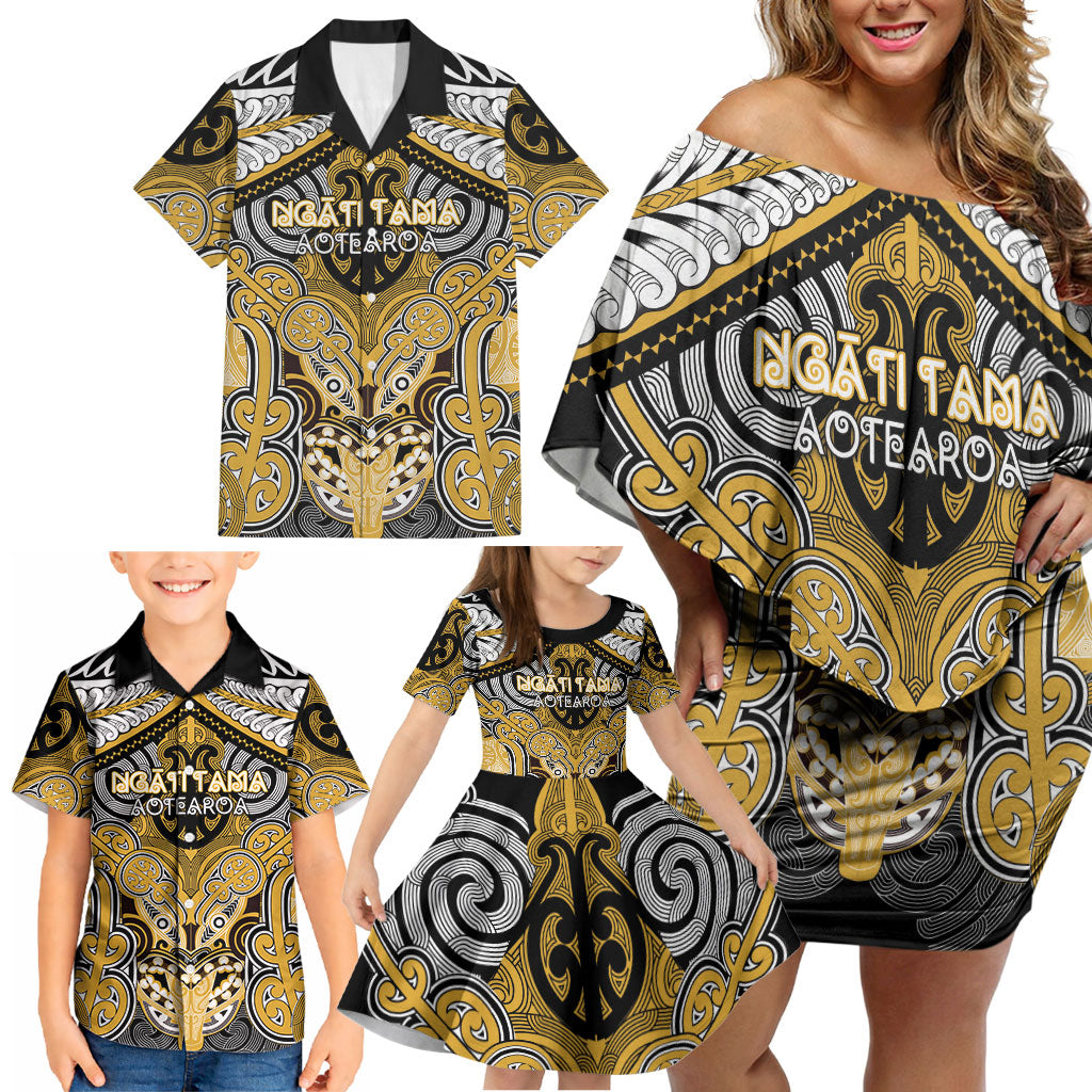 Aotearoa Iwi Ngati Tama Personalised Family Matching Off Shoulder Short Dress and Hawaiian Shirt Maori Kowhaiwhai Pattern LT19 - Polynesian Pride