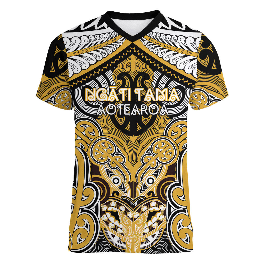 Aotearoa Iwi Ngati Tama Personalised Women V-Neck T-Shirt Maori Kowhaiwhai Pattern LT19 Female Yellow - Polynesian Pride