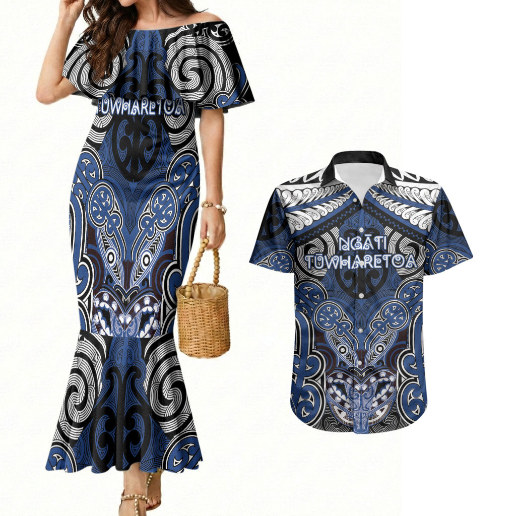 Aotearoa Iwi Ngati Tuwharetoa Personalised Couples Matching Mermaid Dress and Hawaiian Shirt Maori Kowhaiwhai Pattern LT19 Blue - Polynesian Pride