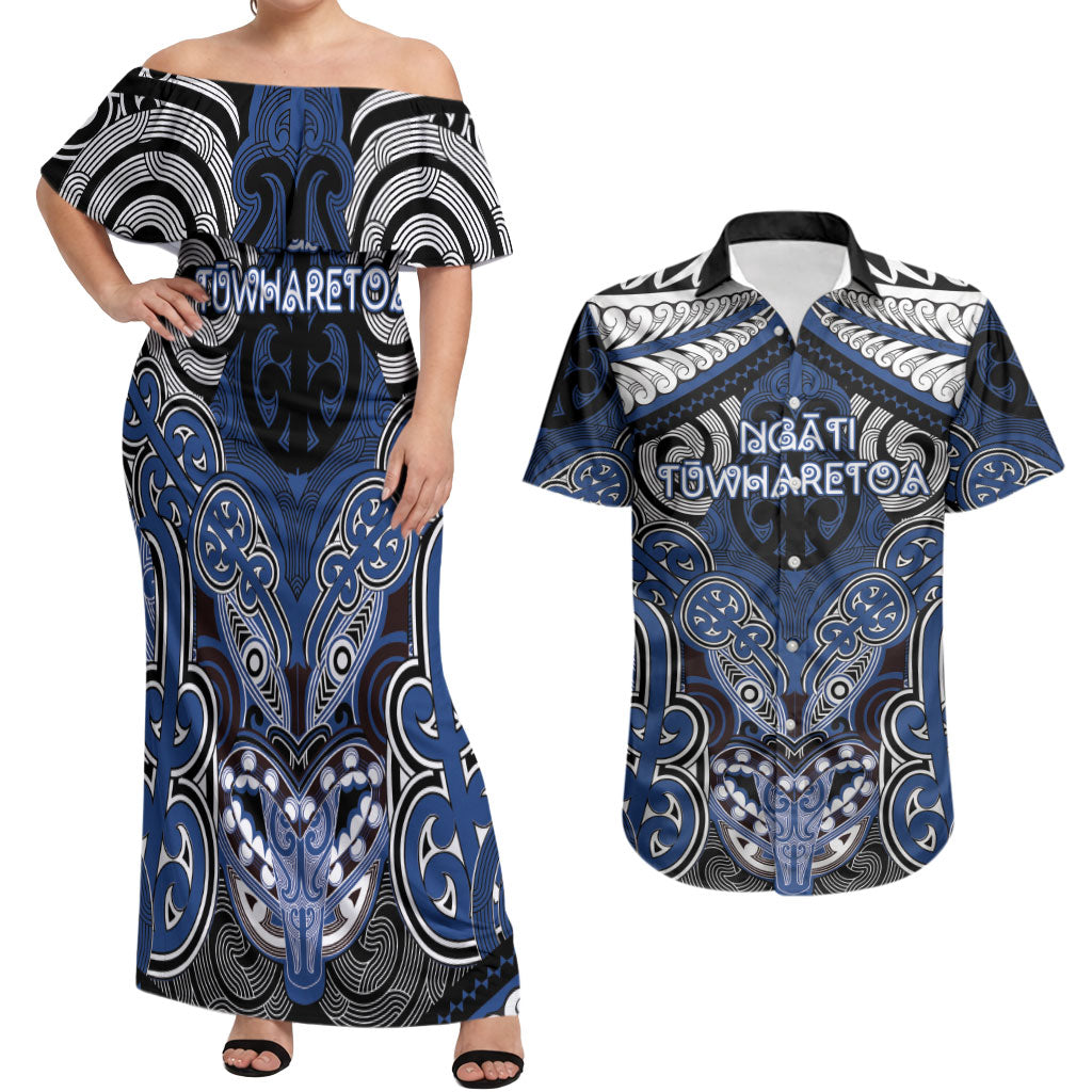 Aotearoa Iwi Ngati Tuwharetoa Personalised Couples Matching Off Shoulder Maxi Dress and Hawaiian Shirt Maori Kowhaiwhai Pattern LT19 Blue - Polynesian Pride