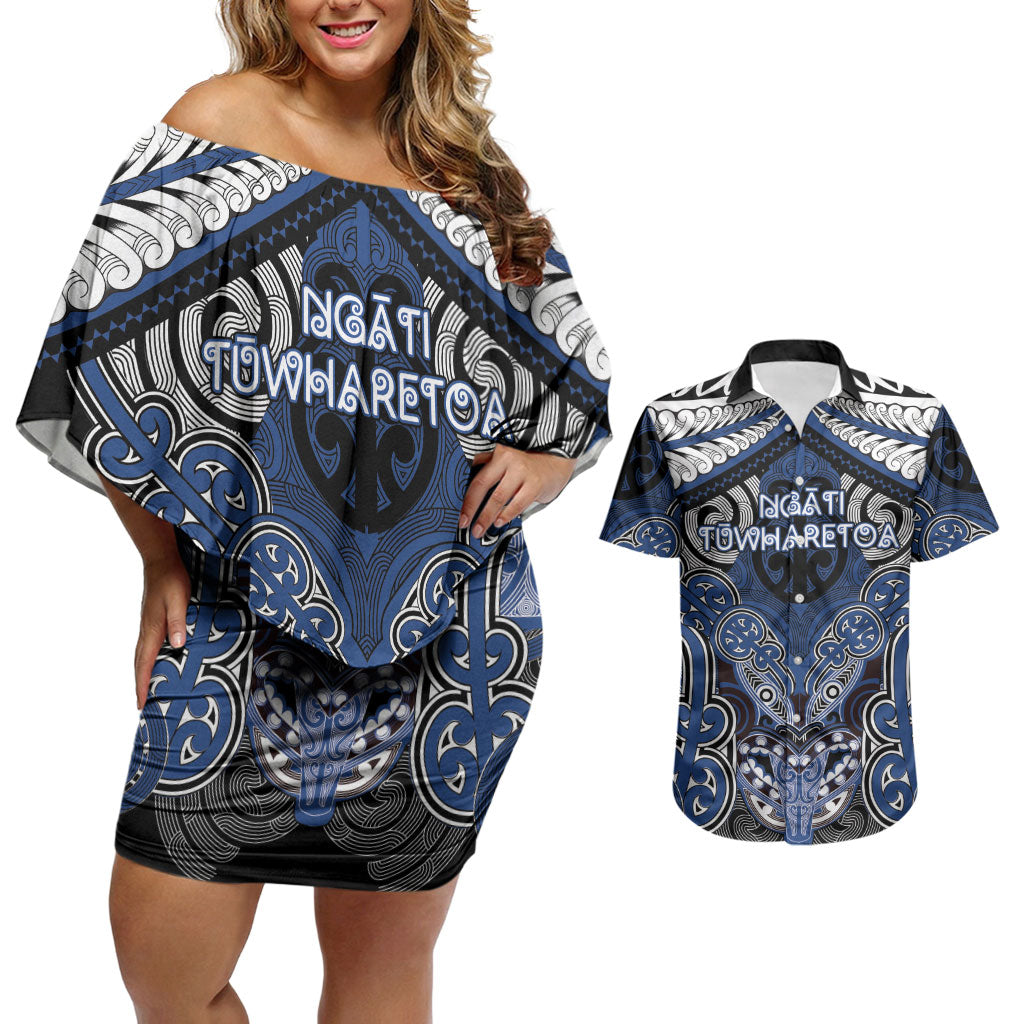 Aotearoa Iwi Ngati Tuwharetoa Personalised Couples Matching Off Shoulder Short Dress and Hawaiian Shirt Maori Kowhaiwhai Pattern LT19 Blue - Polynesian Pride