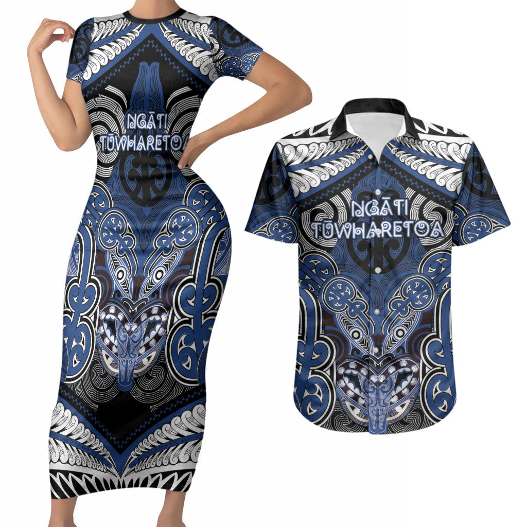 Aotearoa Iwi Ngati Tuwharetoa Personalised Couples Matching Short Sleeve Bodycon Dress and Hawaiian Shirt Maori Kowhaiwhai Pattern LT19 Blue - Polynesian Pride