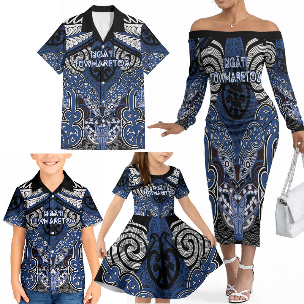 Aotearoa Iwi Ngati Tuwharetoa Personalised Family Matching Off The Shoulder Long Sleeve Dress and Hawaiian Shirt Maori Kowhaiwhai Pattern LT19 - Polynesian Pride