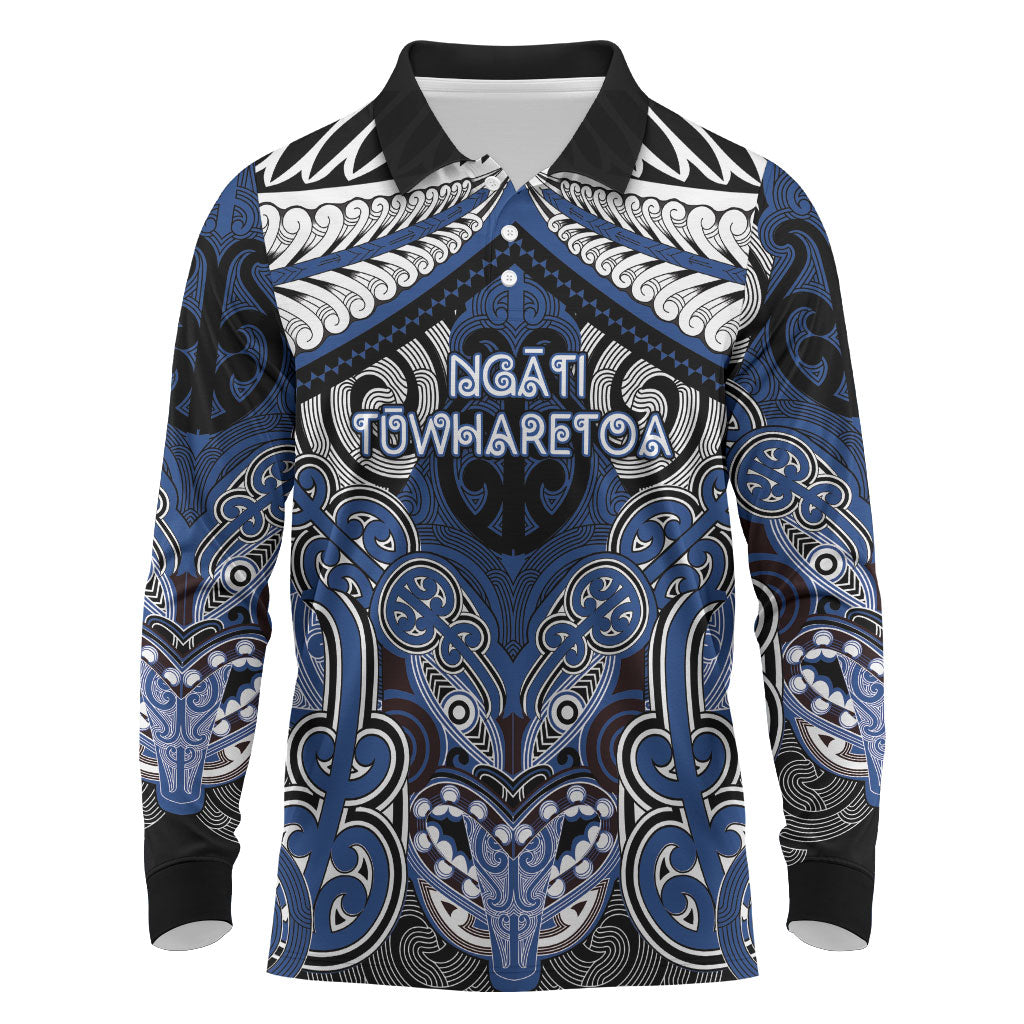 Aotearoa Iwi Ngati Tuwharetoa Personalised Long Sleeve Polo Shirt Maori Kowhaiwhai Pattern LT19 Blue - Polynesian Pride