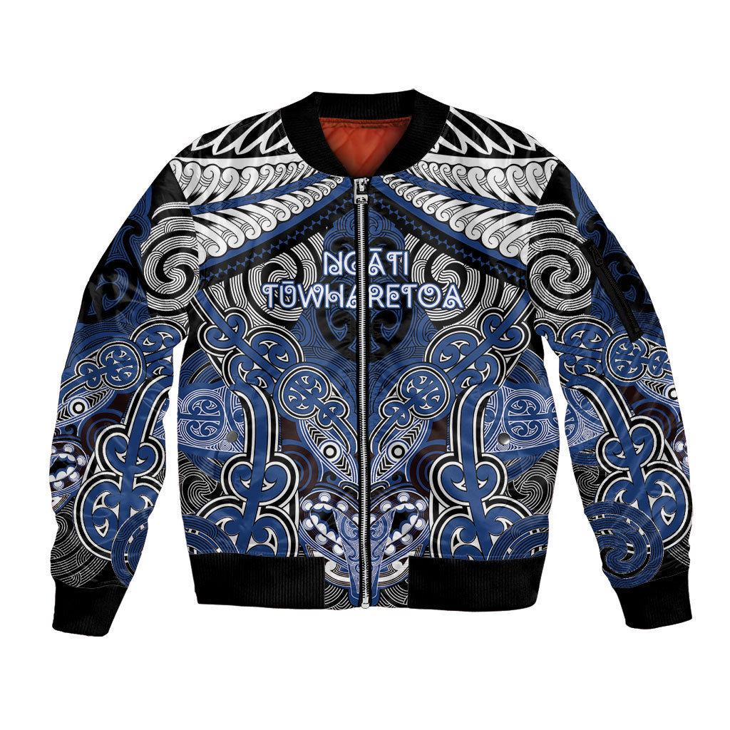 Aotearoa Iwi Ngati Tuwharetoa Personalised Sleeve Zip Bomber Jacket Maori Kowhaiwhai Pattern LT19 Unisex Blue - Polynesian Pride
