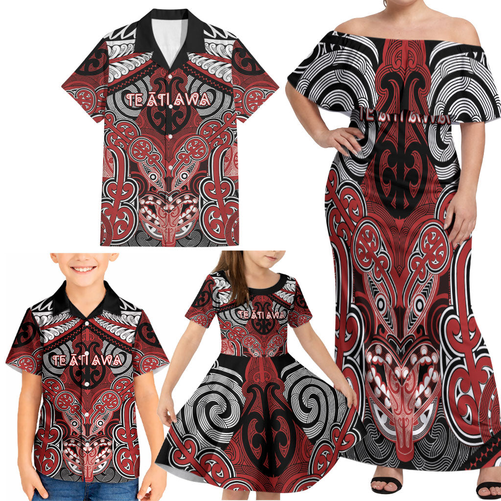 Aotearoa Iwi Te Ati Awa Personalised Family Matching Off Shoulder Maxi Dress and Hawaiian Shirt Maori Kowhaiwhai Pattern