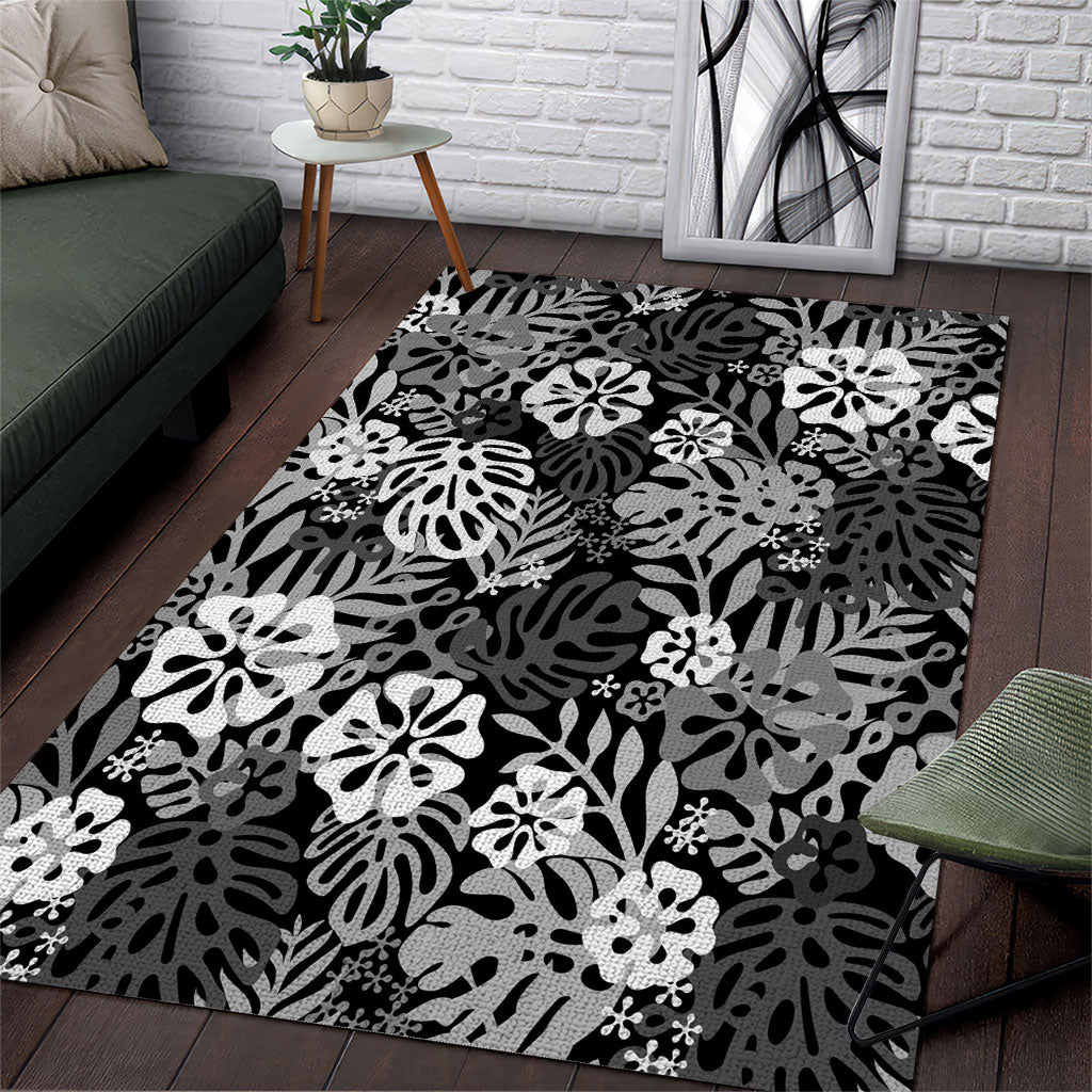 Black Aloha Hawaiian Area Rug Monstera Hibiscus Tropical Pattern LT19 Black - Polynesian Pride